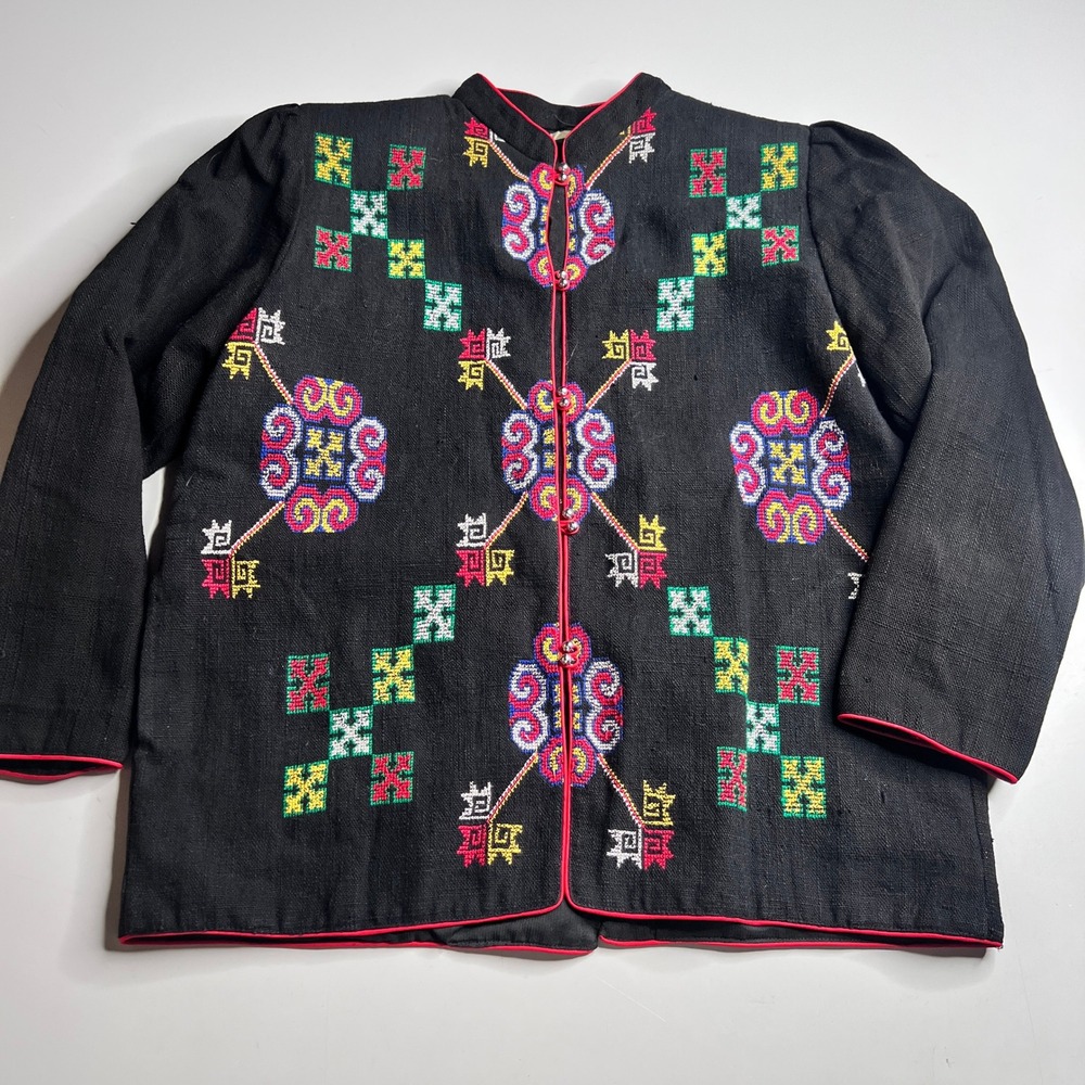 Vintage Ethnic Cross‎ Stitch Embroidered Jacket Black Red Bell Button Boho L/XL